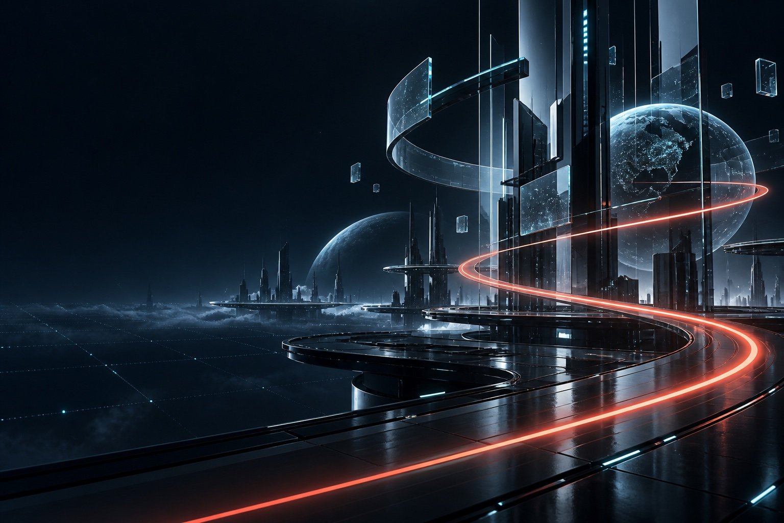 Futuristic digital architecture connected by a flowing light path